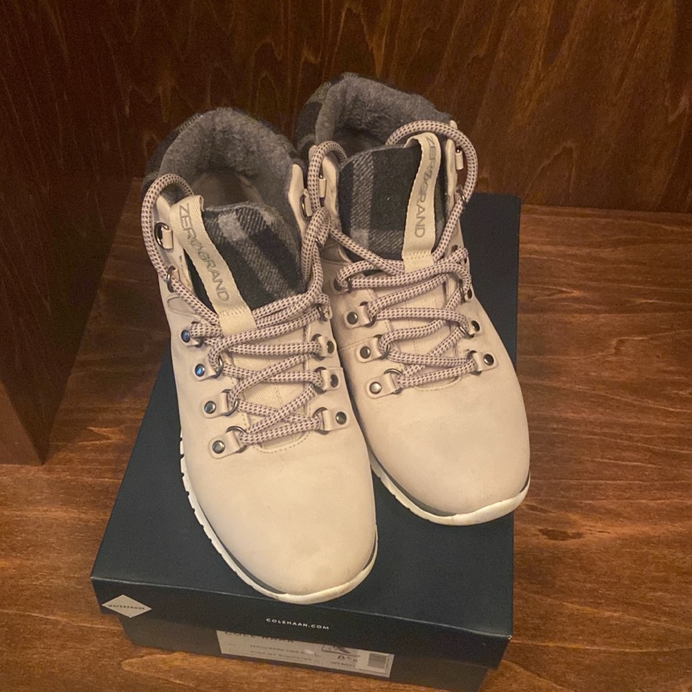 Cole Haan Zerogrand Hiker Boots in dove. Plaid on top.
